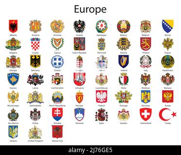 Ensemble armoiries des pays d'Europe, collection d'emblèmes de toutes les régions européennes Illustration de Vecteur