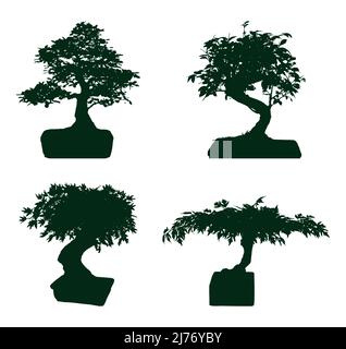 Ensemble de 4 icônes d'arbre Bonsai Illustration de Vecteur