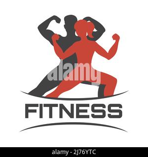 Logo de forme physique ou emblème avec homme posant et femme bodybuilders. Illustration vectorielle. Illustration de Vecteur