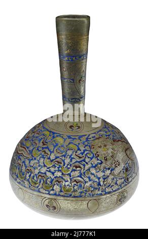 Bouteille décorée de lions chinois, 14th siècle. Période de Mamluk (1250-1517). Égypte (ou Syrie). Verre doré et émaillé. Musée Calouste Gulbenkian. Lisbonne, Portugal. Banque D'Images
