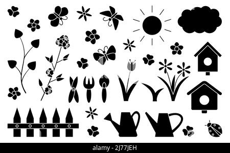 Ensemble de jardinage de glyphe printemps-été. Pour scrapbooking, carte pour enfants. Outils, plantes, papillons et coccinelle, trèfle et fleurs, arrosoir et maisons d'oiseaux, soleil et nuages, clôture. Illustration vectorielle Illustration de Vecteur