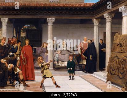 Éducation des enfants de Clovis (École de vengeance, formation des fils de Clotilde) peint par Sir Lawrence Alma Tadema, montrant la reine Clothilde observant ses deux fils Chlodomer et Childebert en train de jeter des haches. Banque D'Images