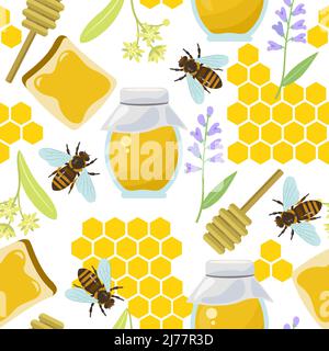 Motif sans couture avec abeilles, fleurs et nid d'abeille. Texture estivale colorée. Illustration de Vecteur
