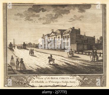 Vue sur le Royal Circus, Southwark, 18th siècle. L'artiste équestre Charles Hughes a construit l'Académie royale de cirque et d'orchestre philharmonique équestre à Saint-Georges Fields en 1782. L'obélisque a été conçu par l'architecte Robert Mylne. Gravure sur plaque de coperplate de William Thornton's New, Complete and Universal History of the City of London, Alexander Hogg, King's Arms, n° 16 Paternoster Row, Londres, 1784. Banque D'Images