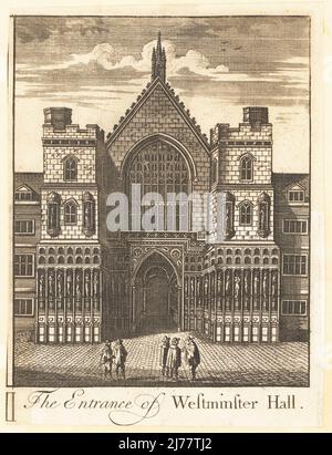 L'entrée de Westminster Hall, 18th siècle. Vue sur le porche d'entrée voûté de la salle de style gothique; statues des rois d'Angleterre d'Edward le confesseur à Richard II dans les niches dans les murs des tours de chaque côté. Gravure de copperplate par un artiste inconnu, publiée à Londres, vers 1720. Banque D'Images