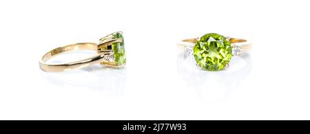 Peridot et Diamond Jewel ou pierres précieuses sur fond blanc avec réflexion. Collection d'accessoires en pierres précieuses naturelles. Prise de vue en studio Banque D'Images