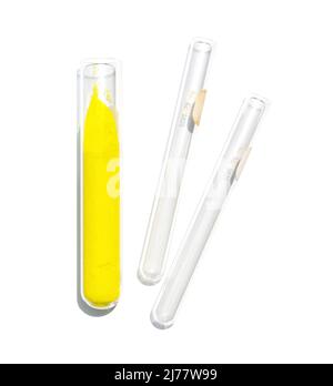 Gros plan sur l'ingrédient chimique sur la table de laboratoire blanche. Poudre de chromate de potassium dans un tube à essai. Banque D'Images