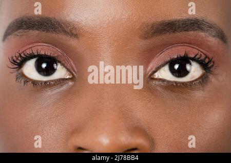 Gros plan, photo d'une peau foncée de l'œil femelle, iris, pupille, cils, paupières. Photo de haute qualité Banque D'Images