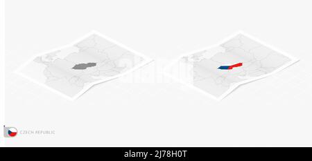 Ensemble de deux cartes réalistes de la République tchèque avec ombre. Le drapeau et la carte de la République tchèque dans le style isométrique. Modèle vectoriel. Illustration de Vecteur