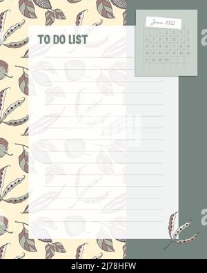 Liste des tâches avec calendrier juin 2022 sur fond de motif avec des gousses d'oodle. Formulaires, rappels, notes, recettes. Illustration vectorielle Illustration de Vecteur