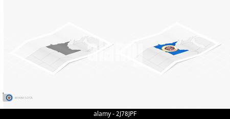 Ensemble de deux cartes réalistes du Minnesota avec ombre. Le drapeau et la carte du Minnesota dans le style isométrique. Modèle vectoriel. Illustration de Vecteur