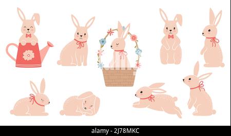 Ensemble lapin de Pâques. Lapins mignons dans différentes poses. Symbole des grandes Pâques. Éléments de design mignons. Oreilles roses, museau et pattes. Dessin animé vecteur plat colle Illustration de Vecteur