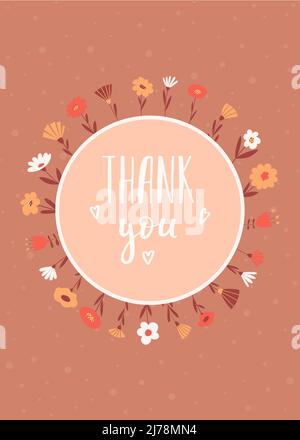 Une carte postale avec une couronne de fleurs simples - et une phrase manuscrite - Merci. Un symbole d'amour, de romance, de gratitude, de reconnaissance. Couleur fond plat Illustration de Vecteur