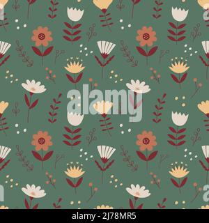 Motif vectoriel sans couture avec fleurs, brindilles et herbes créatives simples. Toile de fond avec éléments botaniques sur fond beige. Idéal pour l'emballage de papier, Illustration de Vecteur