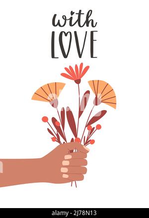 Une carte postale avec une main tenant un bouquet de fleurs simples et une phrase manuscrite - avec amour. Un symbole d'amour, de romance, de Saint-Valentin, de gratitude Illustration de Vecteur