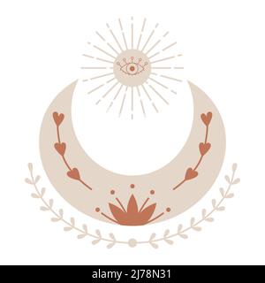 Boho, élément céleste. Un croissant de lune avec des brindilles, le soleil et un œil ouvert. Un symbole mystique, ésotérique, mystérieux. Eleme décoratif vectoriel Illustration de Vecteur