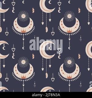 Motif vectoriel sans couture avec éléments célestes mystiques, croissant de lune, dreamcatcher, soleil, plumes suspendues. Toile de fond pour le papier d'emballage, scrapbookin Illustration de Vecteur