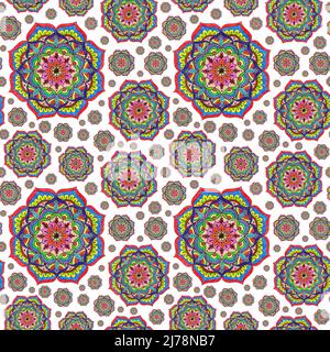 Motif fleur mandala dessiné avec des crayons de couleur sur un fond blanc. Mandala ethnique avec ornement coloré. Couleurs vives. Dessiné à la main. Banque D'Images