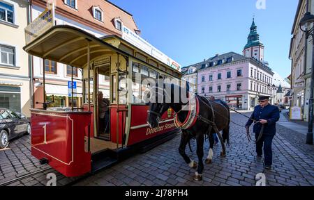 07 mai 2022, Saxe, Döbeln: Le cachman exploite le cheval du tramway à cheval au terminus de l'hôtel de ville. Avec une puissance de 1 ch, les passagers voyagent sur la voie d'un kilomètre de long. À Döbeln, le tramway dessiné par des chevaux est bientôt en route jusqu'à l'église Nicolai. L'argent pour l'extension de la ligne provient des actifs de la RDA des parties et des organisations de masse. Photo: Matthias Rietschel/dpa/ZB Banque D'Images