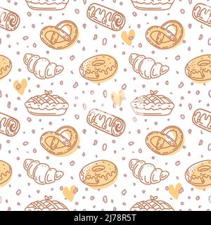 Un modèle sans couture de produits de boulangerie dessinés à la main. Toasts, tourtes, muffins, cupcakes, beignets, sandwich, bagels et petits pains à l'escargot. Vecteur de style Doodle Illustration de Vecteur