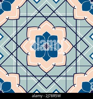 Motif vectoriel sans couture avec fleur géométrique sur fond bleu. Papier peint décoratif mural romantique. Textile de mode floral marocain décoratif. Illustration de Vecteur