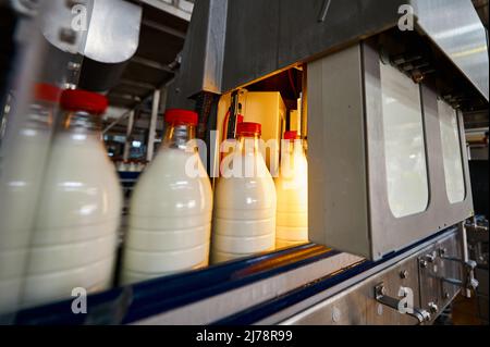 Embouteillage de lait pasteurisé par l'équipement de la chaîne de production Banque D'Images