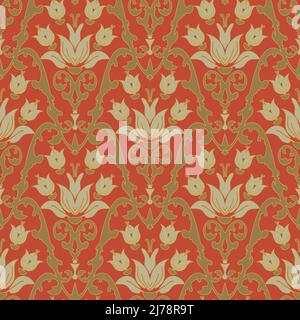 Motif vectoriel sans couture avec feuilles et lys blancs sur fond rouge orange rouillé. Papier peint royal vintage avec fleurs. Illustration de Vecteur