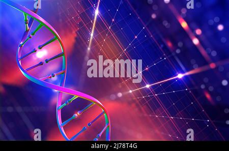 Hélice d'ADN. Technologie Hi Tech dans le domaine du génie génétique. Nanostructure numérique. 3D illustration sur fond futuriste Banque D'Images