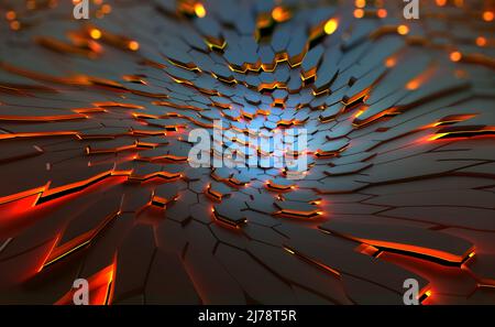 Le cyberespace abstrait. Cellules d'information. Combustion d'hexagones avec arêtes de flaming. 3D illustration d'un arrière-plan futuriste Banque D'Images