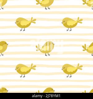 Motif sans couture avec de jolis oiseaux jaunes, des poules. Petits poussins sur un fond texturé à rayures jaunes. Pour papier d'emballage de Pâques et enfant Illustration de Vecteur