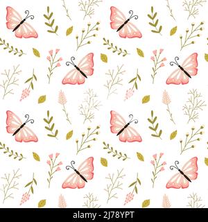 Motif sans couture avec jolis papillons roses dessinés à la main et herbes et brindilles printanières. Pour le papier d'emballage, la raclage, les vêtements pour enfants, la maison textil Illustration de Vecteur