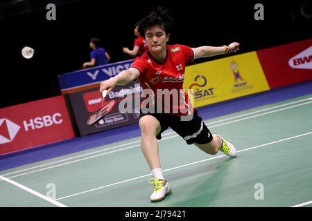 (220507) -- BANGKOK, 7 mai 2022 (Xinhua) -- Wang Zhiyi, de Chine, participe à une séance de formation avant le tournoi de badminton de la coupe Uber à Bangkok, en Thaïlande, le 7 mai 2022. (Xinhua/Wang Teng) Banque D'Images