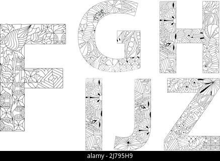 Décoration artistique peinte à la main. Alphabet d'illustration coloré dessiné à la main pour colorier les pages. Partie 2 Illustration de Vecteur