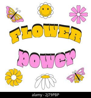 Carte avec fleurs et papillons de style rétro. L'expression typographique Flower power. Illustrations vectorielles couleur avec un trait isolé sur whi Illustration de Vecteur