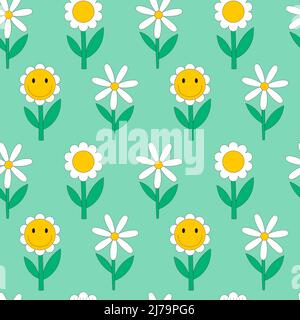 Motif sans couture avec des pâquerettes simples et un sourire. Motif botanique minimaliste. Éléments rétro vintage avec un trait. Super pour les enfants et la maison Illustration de Vecteur