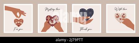 Un ensemble de cartes postales avec des mains tenant un coeur avec des éléments célestes, boho, mystiques, botaniques et oiseaux. Affiches carrées pour la Saint-Valentin. Couleur v Illustration de Vecteur