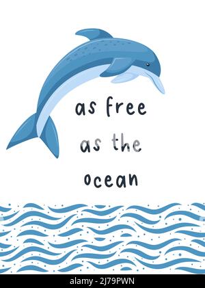 Une carte rectangulaire avec un dauphin de saut dans une mer abstraite. Bordure sans couture des vagues de mer. L'inscription - aussi libre que l'océan. Illustrateur de vecteur Illustration de Vecteur