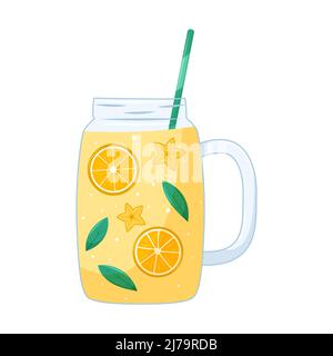 Citron, orange boisson d'agrumes dans un verre transparent avec une paille et des tranches de fruits exotiques. L'été et une boisson saine dans un style de dessin animé sur un blanc Illustration de Vecteur