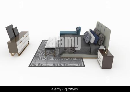 Chambre miniature avec meuble TV, tabouret de lit, meuble de lit, chaise longue, lit double. 3D rendu. Banque D'Images