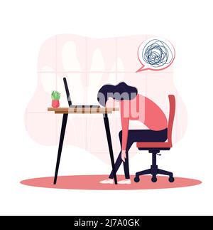 syndrome d'épuisement professionnel. Une fille fatiguée s'ennuie avec sa tête sur l'ordinateur portable. Problèmes de santé mentale des travailleurs frustrés. Journée de travail Vector Illustration de Vecteur