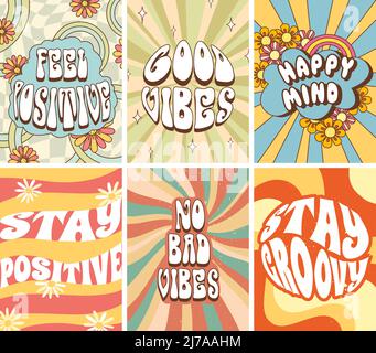 Groovy 70s affiches. Restez positif, de bonnes vibes et heureux esprit vecteur jeu d'illustration Illustration de Vecteur