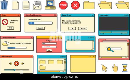 Interface utilisateur nostalgique 90s. Messages d'erreur rétro, icônes de l'ancien ordinateur et ensemble de vecteurs de fenêtres d'application Illustration de Vecteur