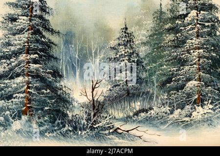 Pins permanents dans un champ enneigé. Gros plan sur la peinture à l'huile Vintage Winter Scene. Concept de Noël. Banque D'Images