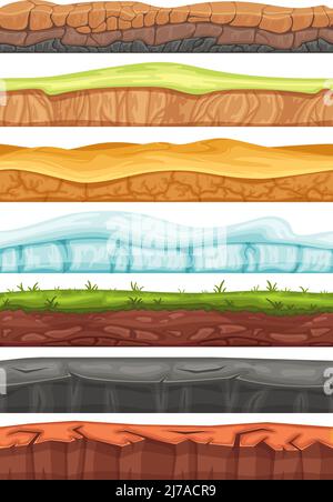 Sols sans couture. Couches de terre de dessin animé, terrain d'herbe et sols de premier plan pour jeu de vecteur de fond Illustration de Vecteur