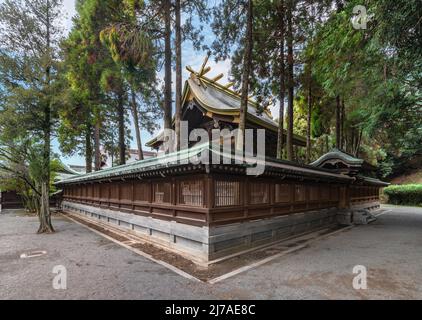 tokyo, japon - décembre 08 2021 : vue arrière du sanctuaire Miyajidake de Kyushu entouré d'une clôture en bois appelée tamagaki avec un fauve en cuivre oxydé Banque D'Images