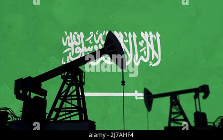 Contexte de l'industrie du pétrole et du gaz. Silhouette de la pompe à huile contre le drapeau de l'arabie saoudite. 3D rendu Banque D'Images