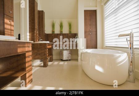 Salle de bains moderne avec meuble-lavabo en bois brun et baignoire ovale sur pied à l'intérieur d'une luxueuse maison. Banque D'Images