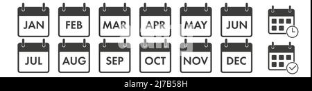 Icônes du calendrier annuel définies. Tous les douze mois avec les noms sous forme abrégée. Plus deux icônes de planification supplémentaires. Illustration vectorielle plate isolée sur Illustration de Vecteur