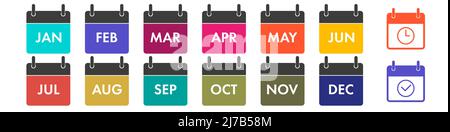 Icônes du calendrier annuel définies. Tous les douze mois avec les noms sous forme abrégée. Plus deux icônes de planification supplémentaires. Illustration vectorielle plate isolée sur Illustration de Vecteur