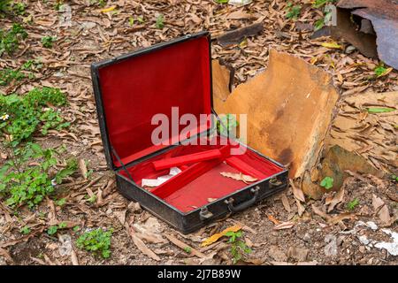 Une valise vide rouge et noire abandonnée dans la nature Banque D'Images